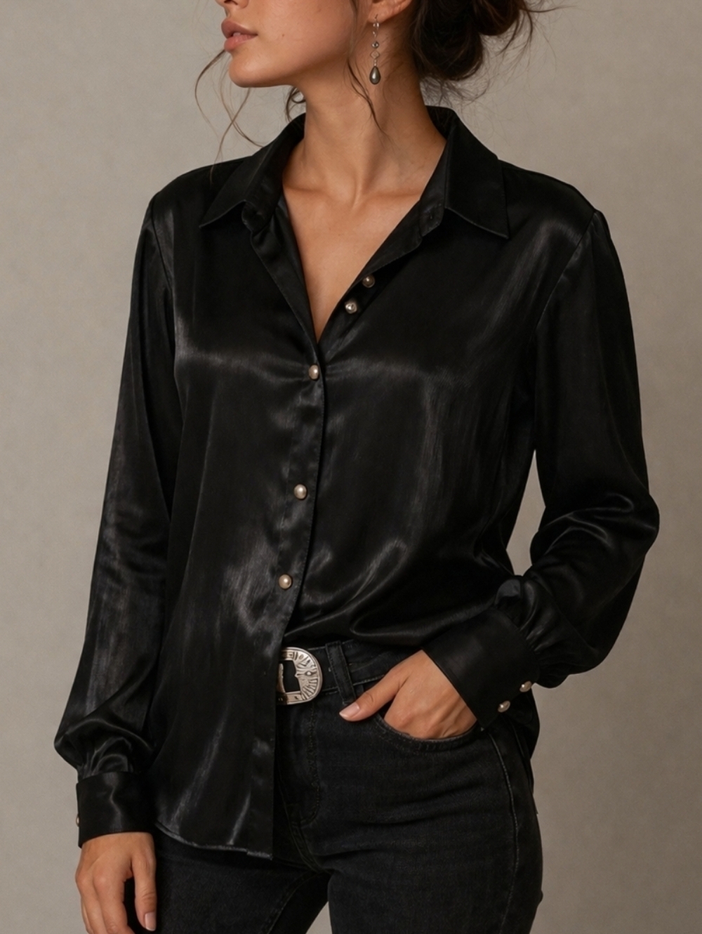 VTG BANJO 1990s Metallic Black Satin Western Cowboy Core Button Down Shirt